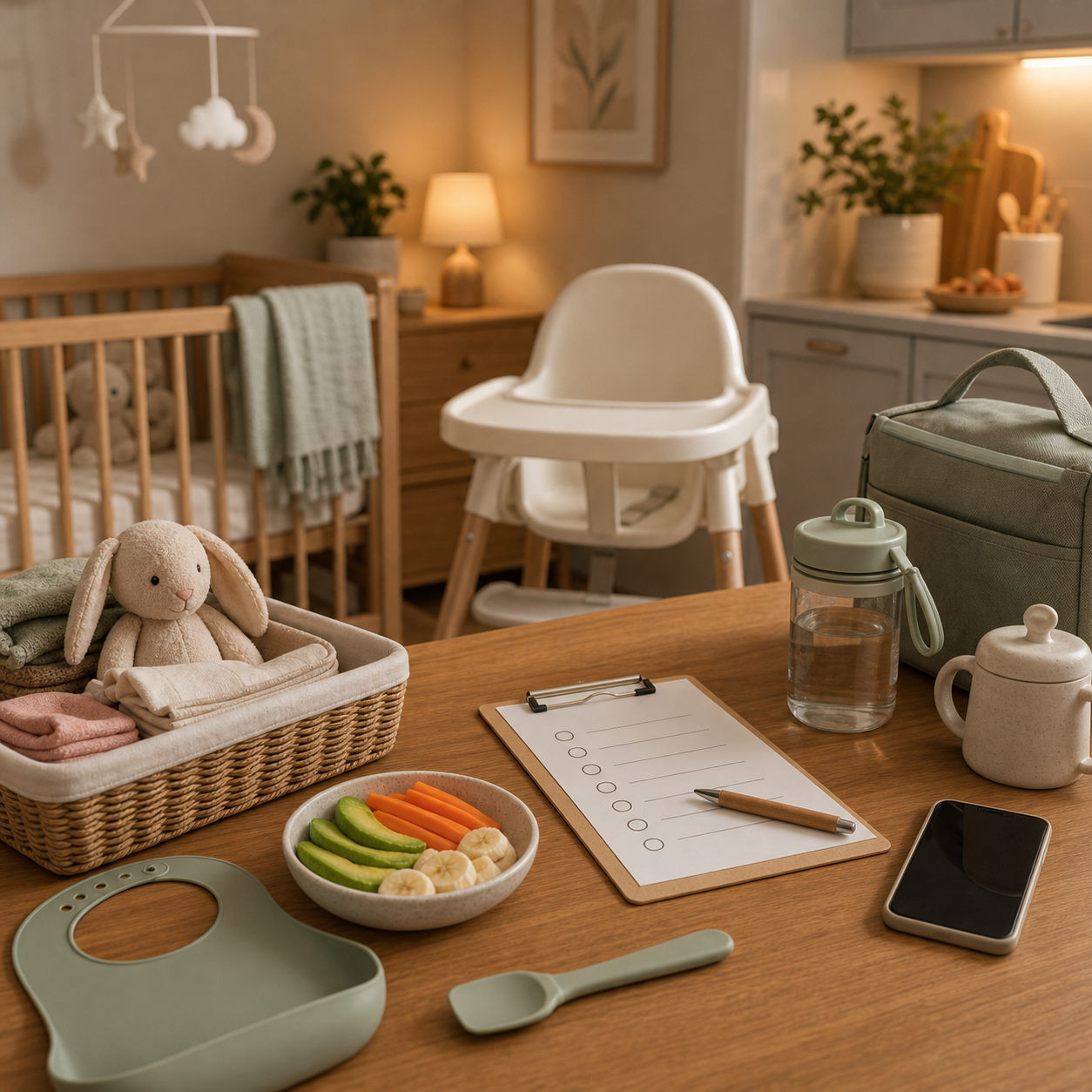 cinematic 3D nursery and kitchen readiness scene before baby arrives for choking emergency planning