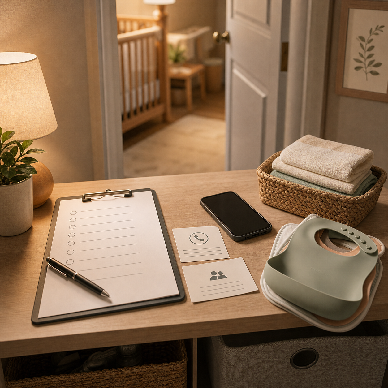 cinematic 3D caregiver handoff station for infant choking readiness before baby arrives