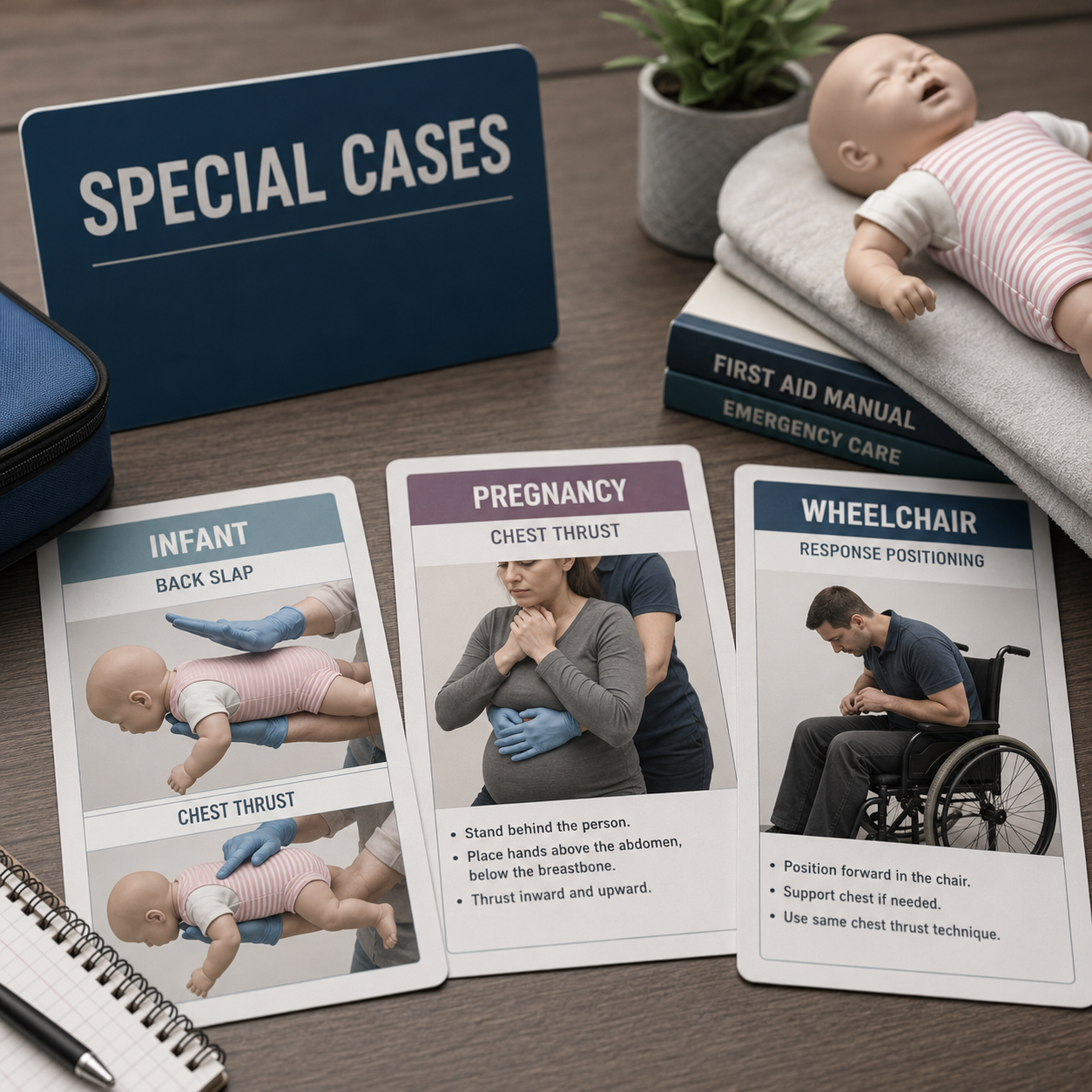 cinematic 3D chest thrust adjustment training for pregnancy obesity and adult choking rescue limits