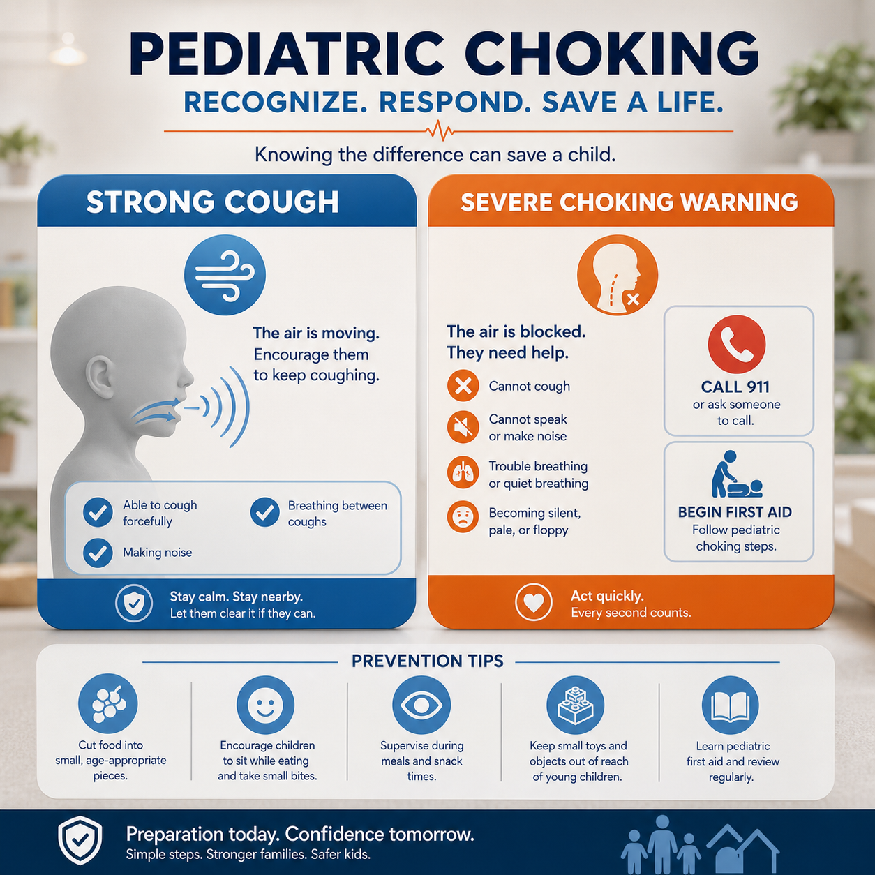 cinematic 3D split-screen educational visual comparing forceful coughing with severe choking warning signs without distress imagery