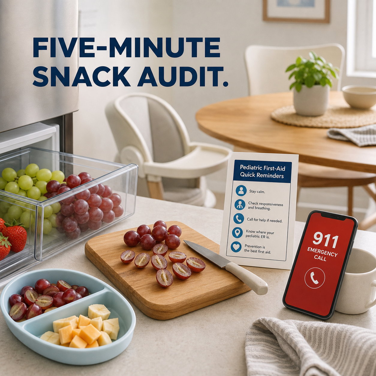 Five-minute child snack audit with cut grapes, seated eating area, and emergency readiness checklist