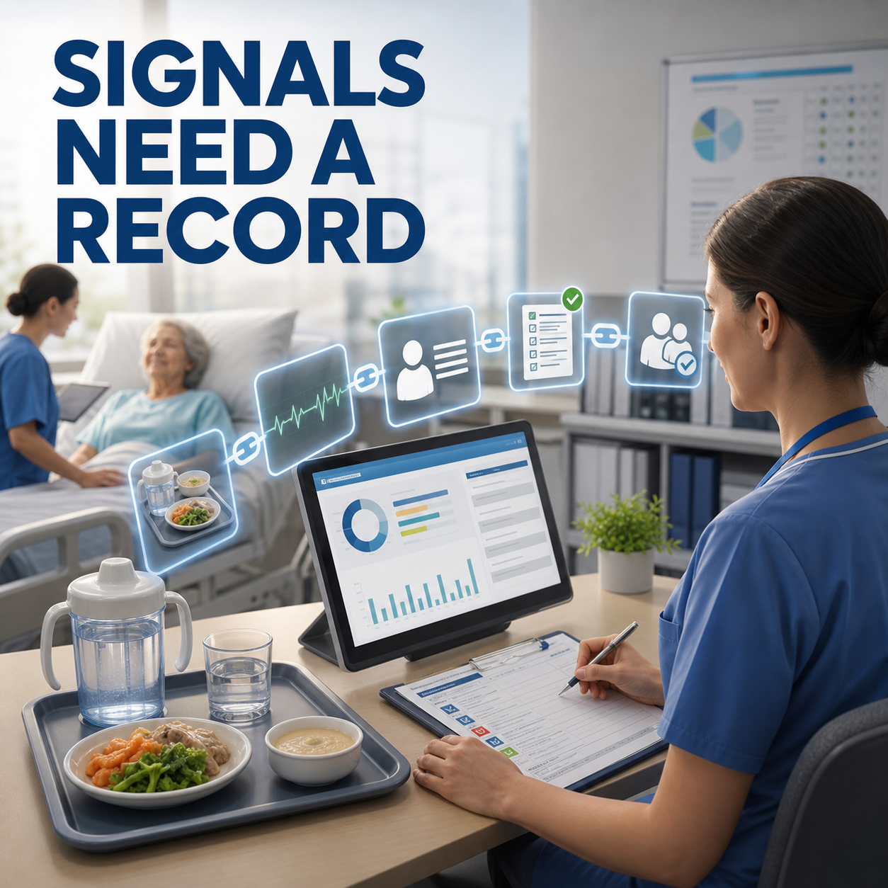 cinematic 3D healthcare workflow showing monitoring alert DSCR timestamp QAPI review and corrective action chain