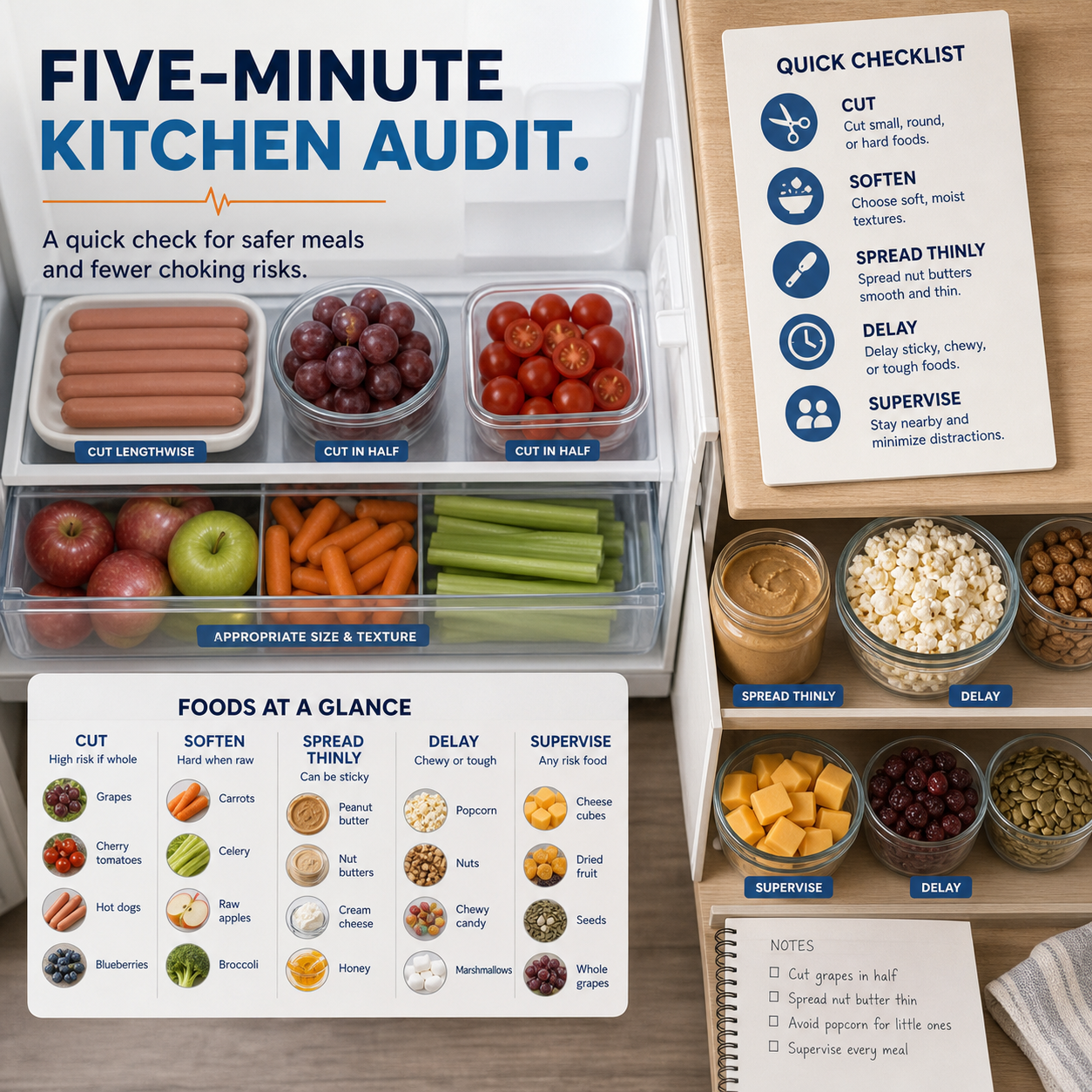 cinematic 3D kitchen audit showing hot dogs grapes carrots apples nut butter popcorn cheese and checklist cards for safer child food preparation