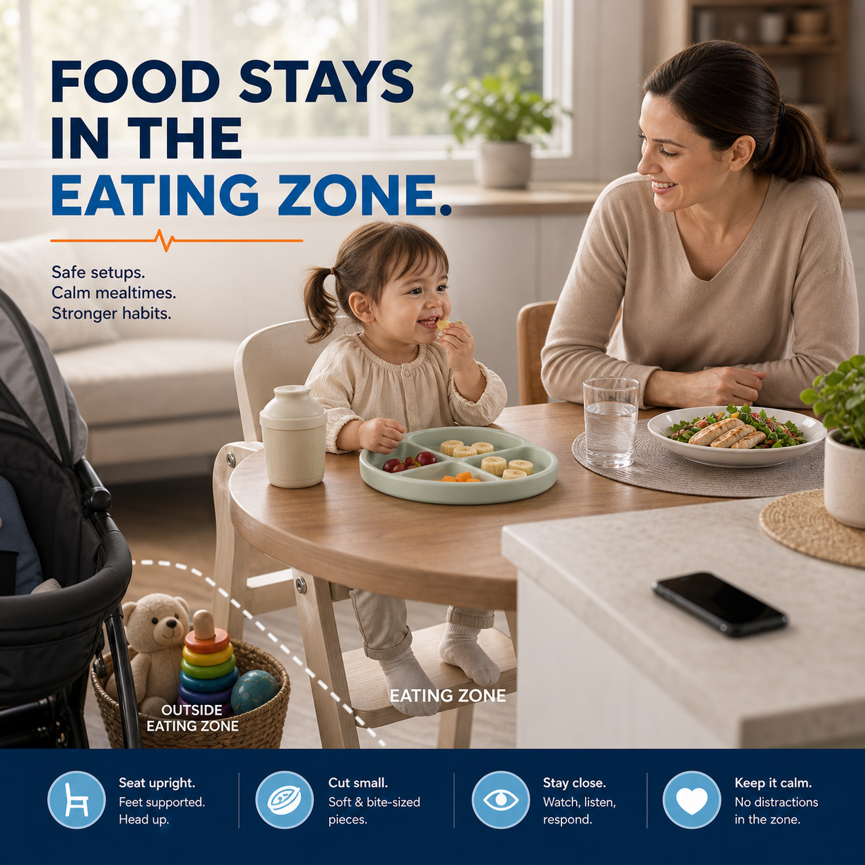 cinematic 3D family dining scene showing a child seated upright with caregiver close and food kept inside the eating zone