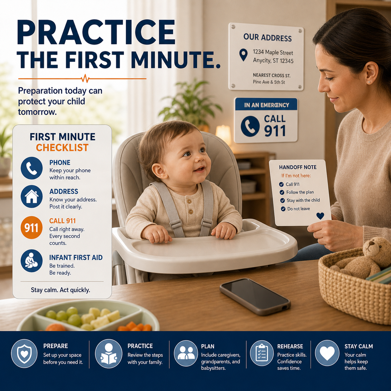 cinematic 3D high-chair family readiness scene with phone address card caregiver handoff note and calm first-minute checklist