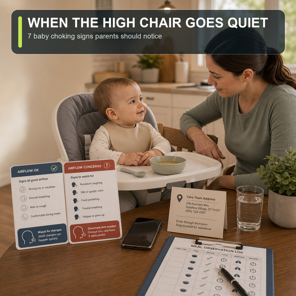 cinematic 3D calm baby choking signs cover with baby upright in high chair parent close by spoon on tray and attentive feeding-area observation