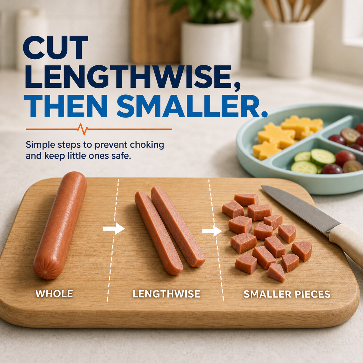 cinematic 3D kitchen instruction showing whole hot dog lengthwise split and final small non-round pieces for young children
