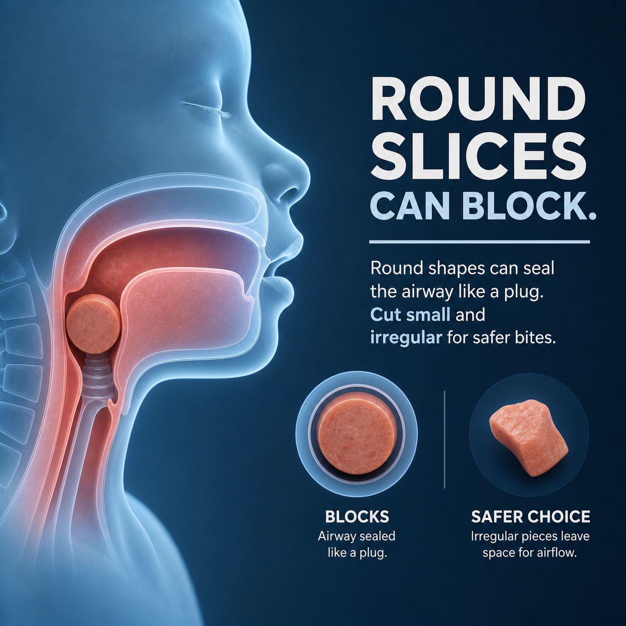 cinematic 3D medical education visual comparing round hot dog coin slices with safer non-round pieces for child airway shape risk