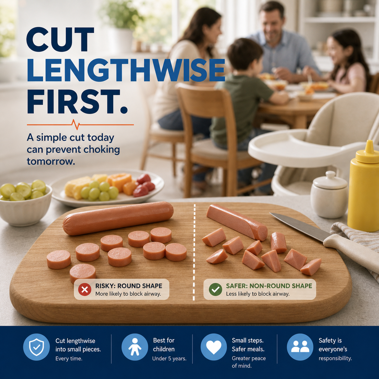 cinematic 3D cover showing hot dogs cut lengthwise first and then into small non-round child-safe pieces on a kitchen cutting board