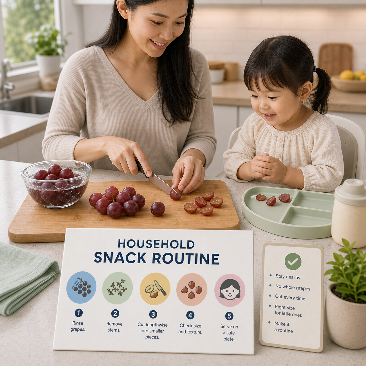 Family kitchen routine for rinsing and cutting grapes lengthwise before serving a seated child