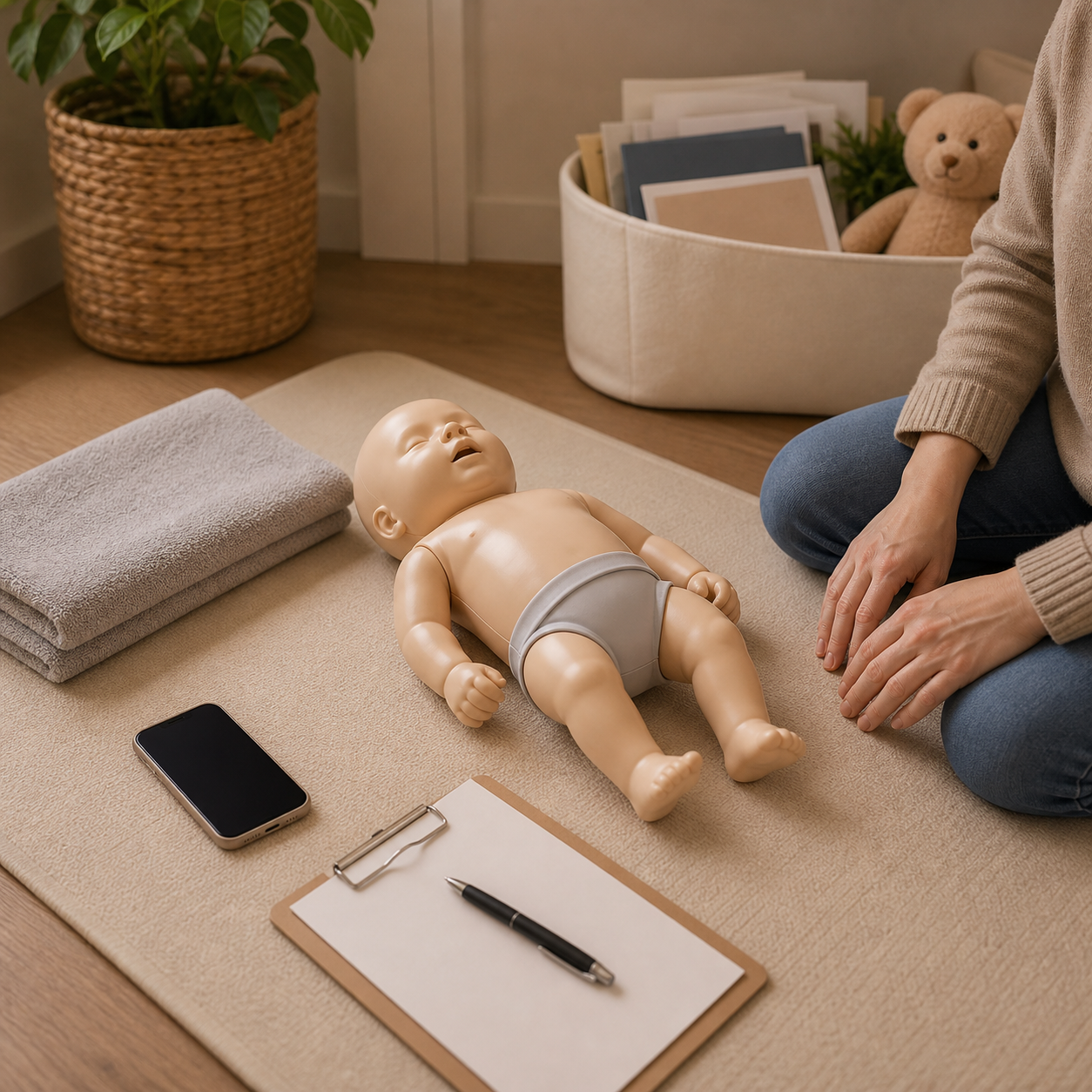 cinematic 3D infant first aid class preparation setup with training mannequin and phone