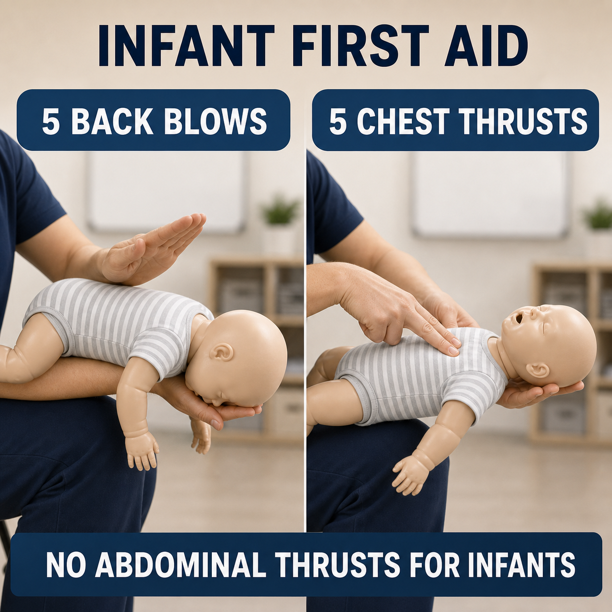 cinematic 3D infant first-aid training sequence showing safe positioning for five back blows and five chest thrusts