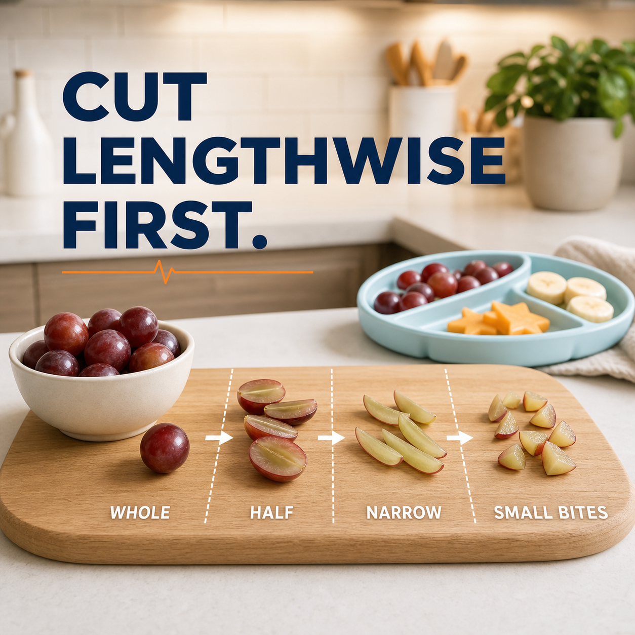 Cinematic 3D kitchen safety scene showing grapes cut lengthwise into smaller child-ready pieces