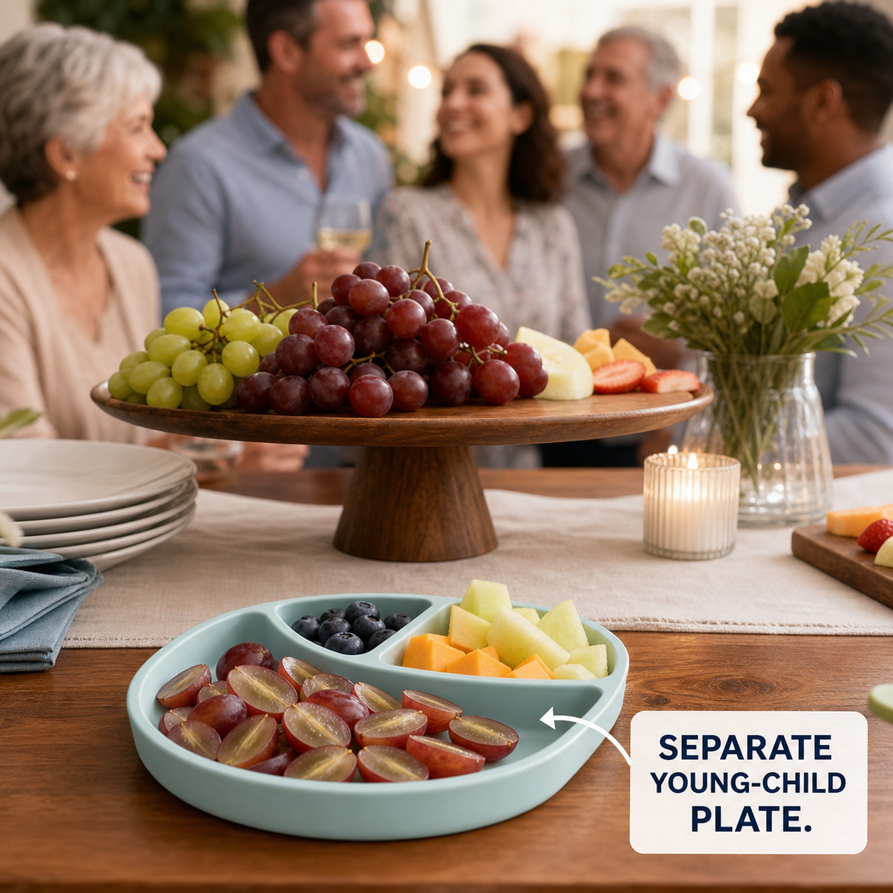 Family gathering with a separate young-child plate of lengthwise-cut grapes kept away from whole grapes