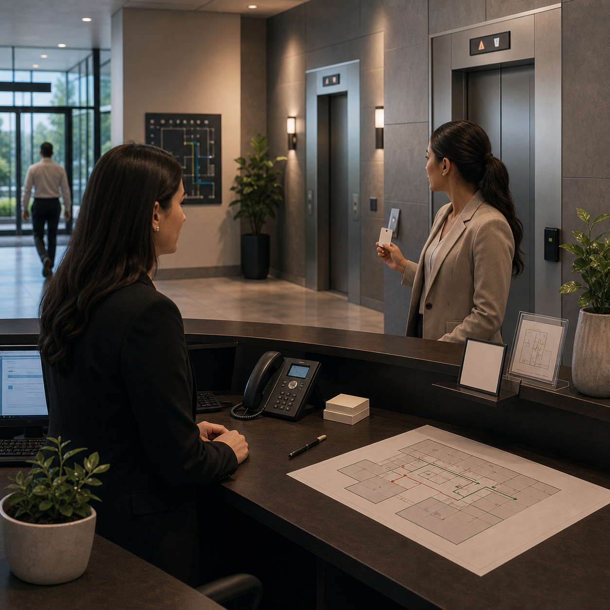 cinematic 3D office badge controlled access and EMS route planning for choking emergency response