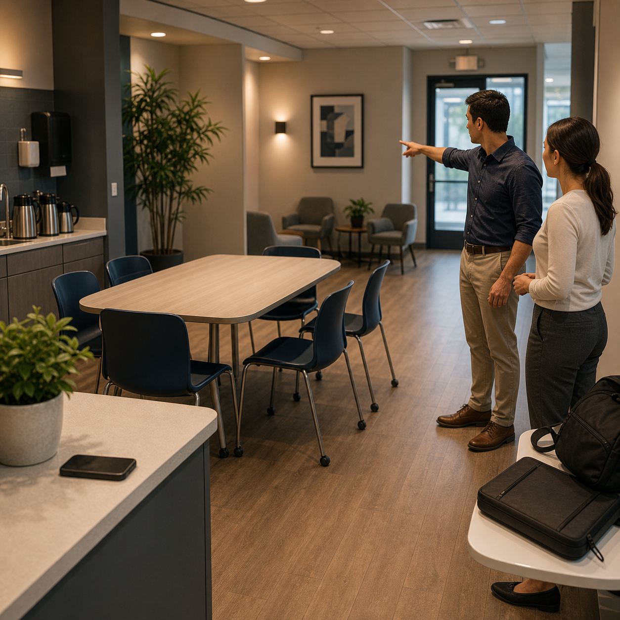 cinematic 3D office break room route control scene for coworker choking emergency readiness