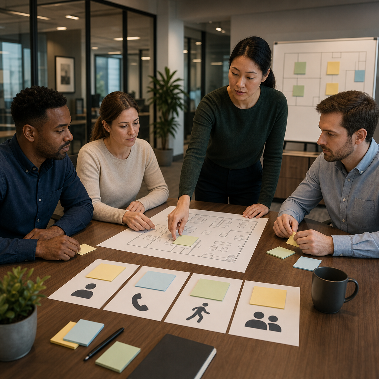 cinematic 3D coworkers planning four office choking response roles around a conference table
