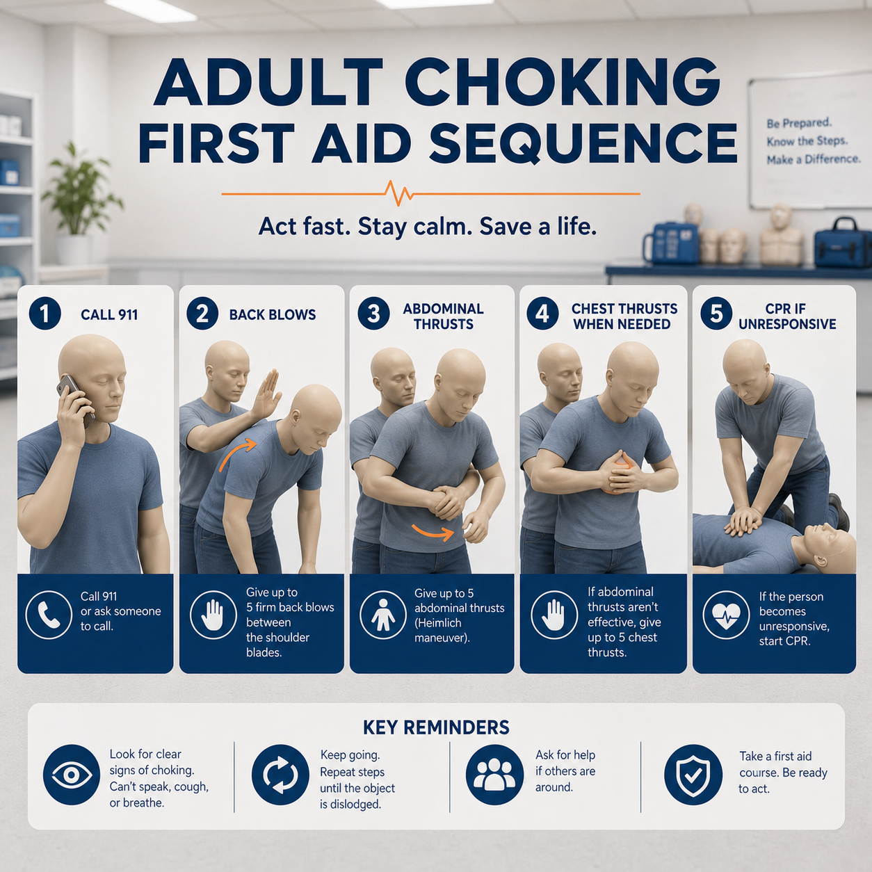 cinematic 3D adult choking first-aid training flow showing call 911 back blows abdominal thrusts chest thrusts when needed and CPR boundary