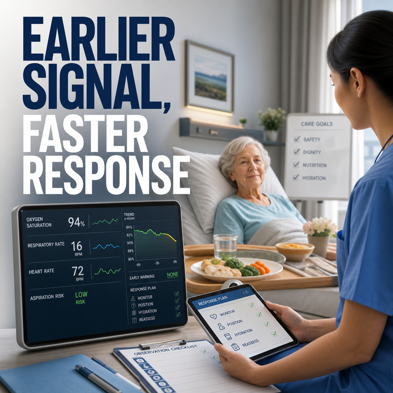 cinematic 3D eldercare monitoring cover showing oxygen alert dashboard bedside tray and airway response timeline