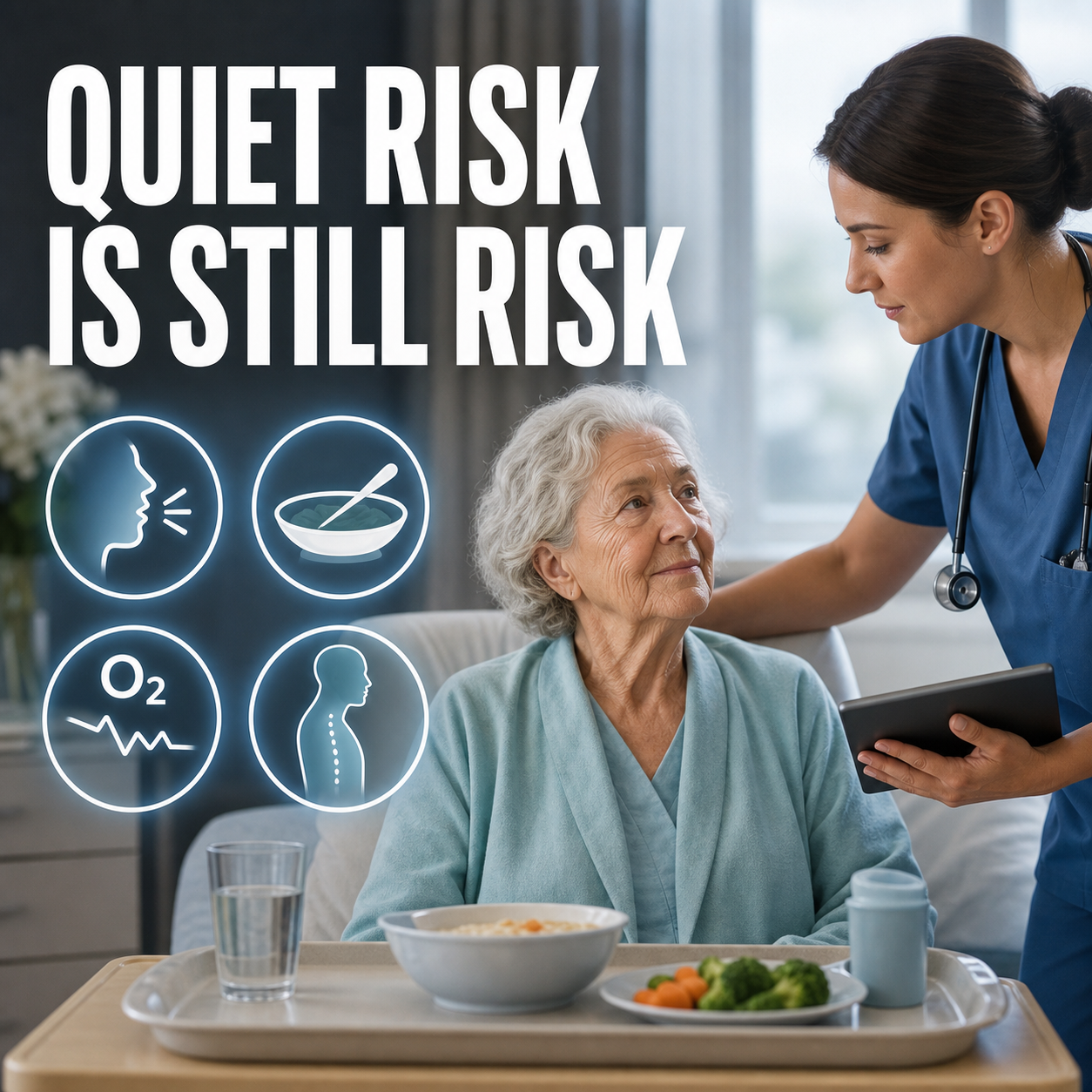 cinematic 3D aged-care dining room monitoring scene showing subtle airway warning signals before visible distress