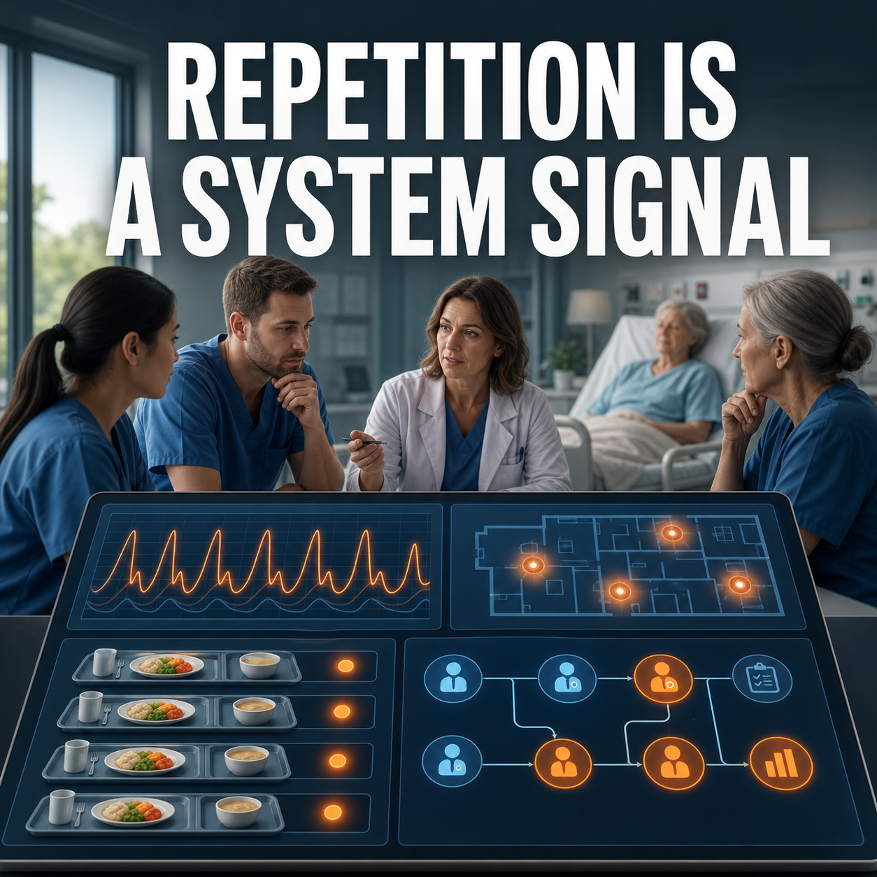 cinematic 3D eldercare safety dashboard showing repeated monitoring alerts rescue timing and system failure pattern review