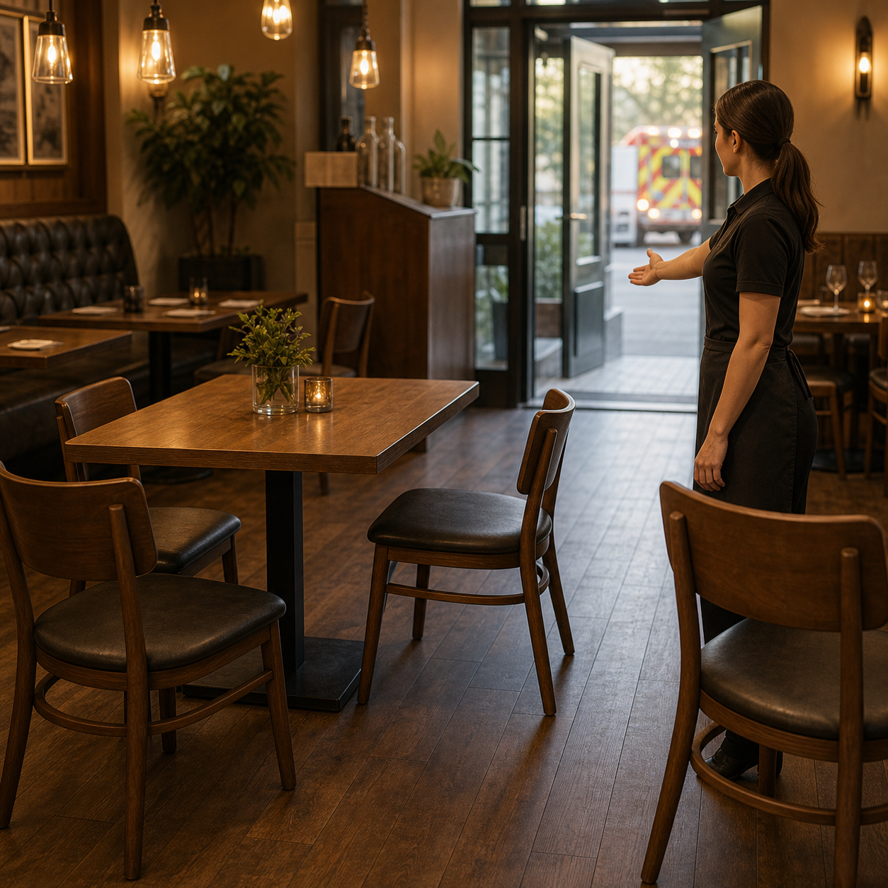 cinematic 3D restaurant floor access and EMS route planning with clear dining room aisle