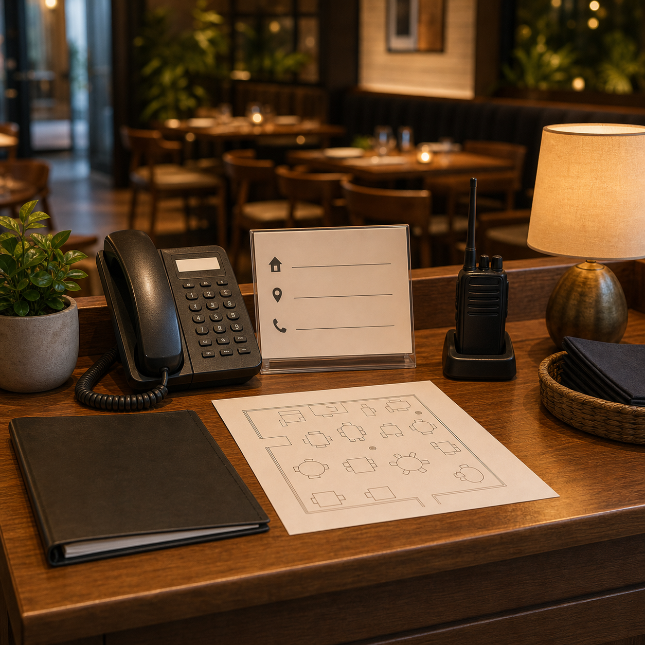 cinematic 3D restaurant host stand with phone address card and table map for 911 readiness