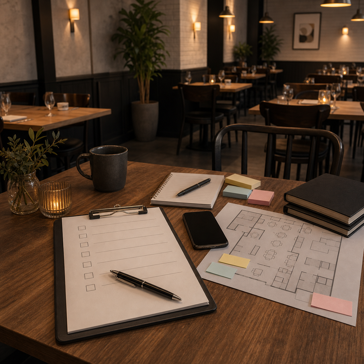 cinematic 3D restaurant post-incident review table with floor plan checklist and phone