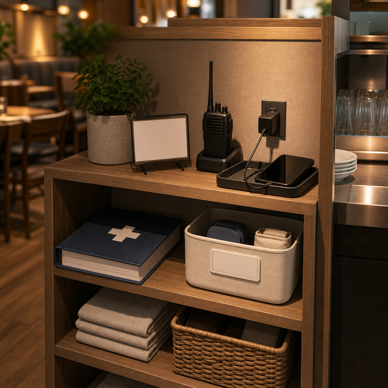 cinematic 3D restaurant readiness storage station for first-aid materials and staff communication