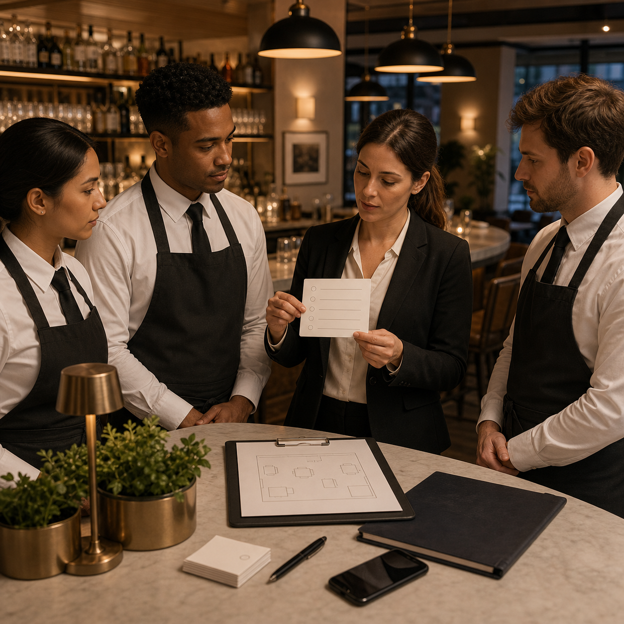 cinematic 3D restaurant staff training before service with emergency response checklist