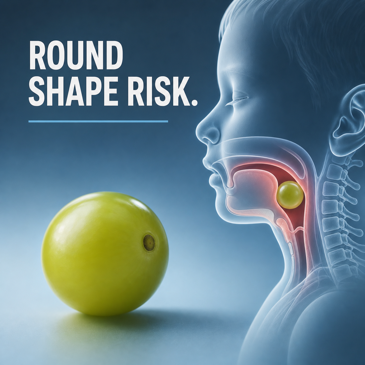 Cinematic 3D medical illustration of how a round grape can obstruct a young child's airway