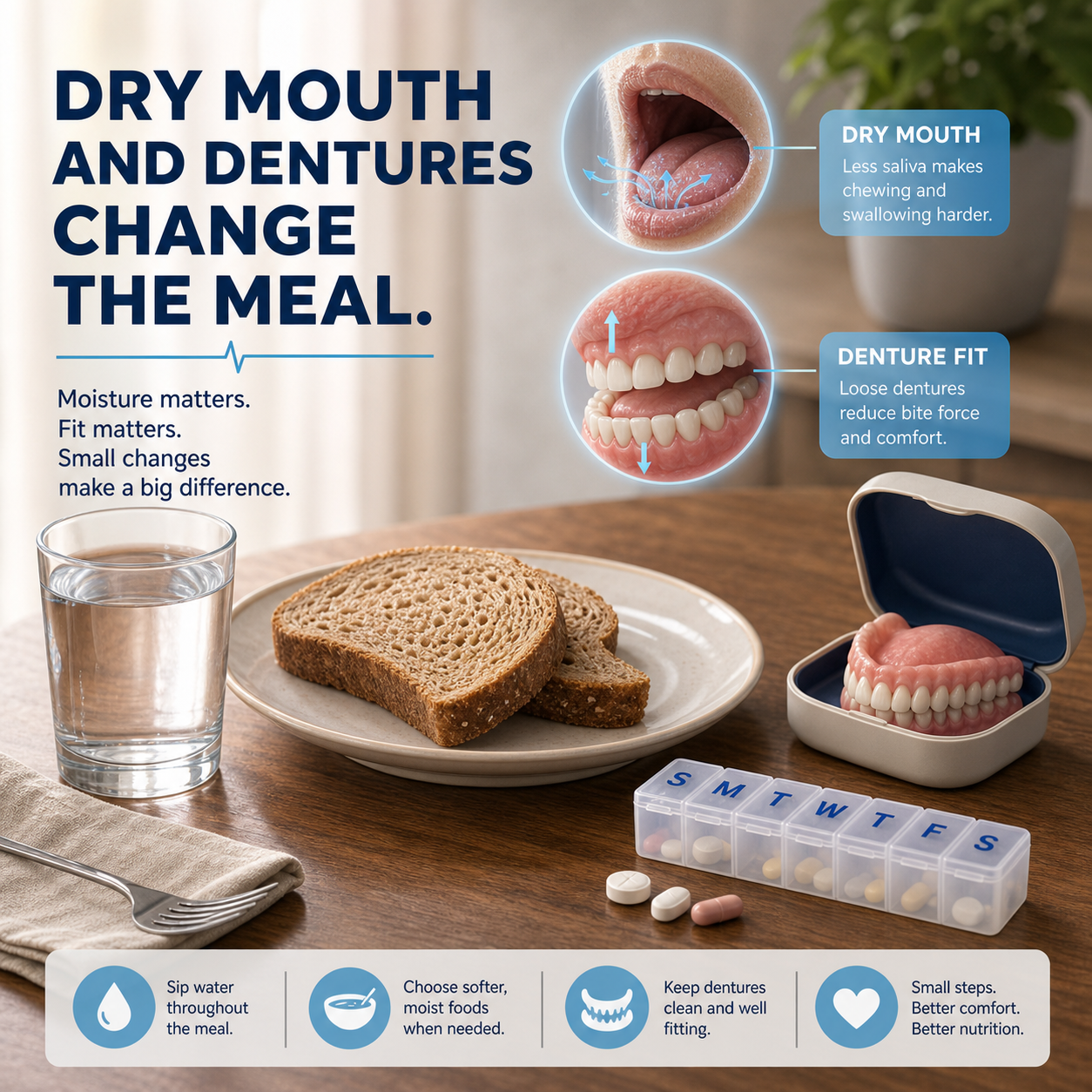 cinematic 3D dining close-up showing dry bread water glass dentures case and simple mouth-mechanics cues for older adult swallowing risk