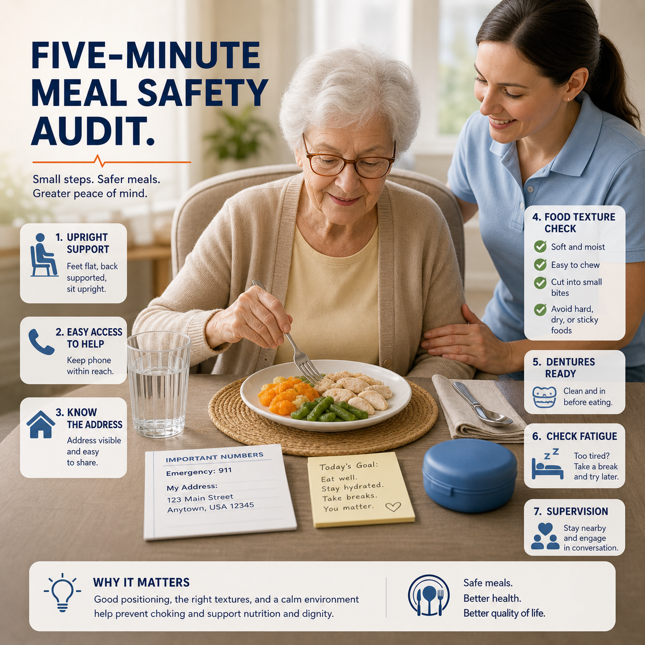 cinematic 3D senior dining-room safety audit showing upright chair support phone access food texture dentures fatigue notes and caregiver supervision