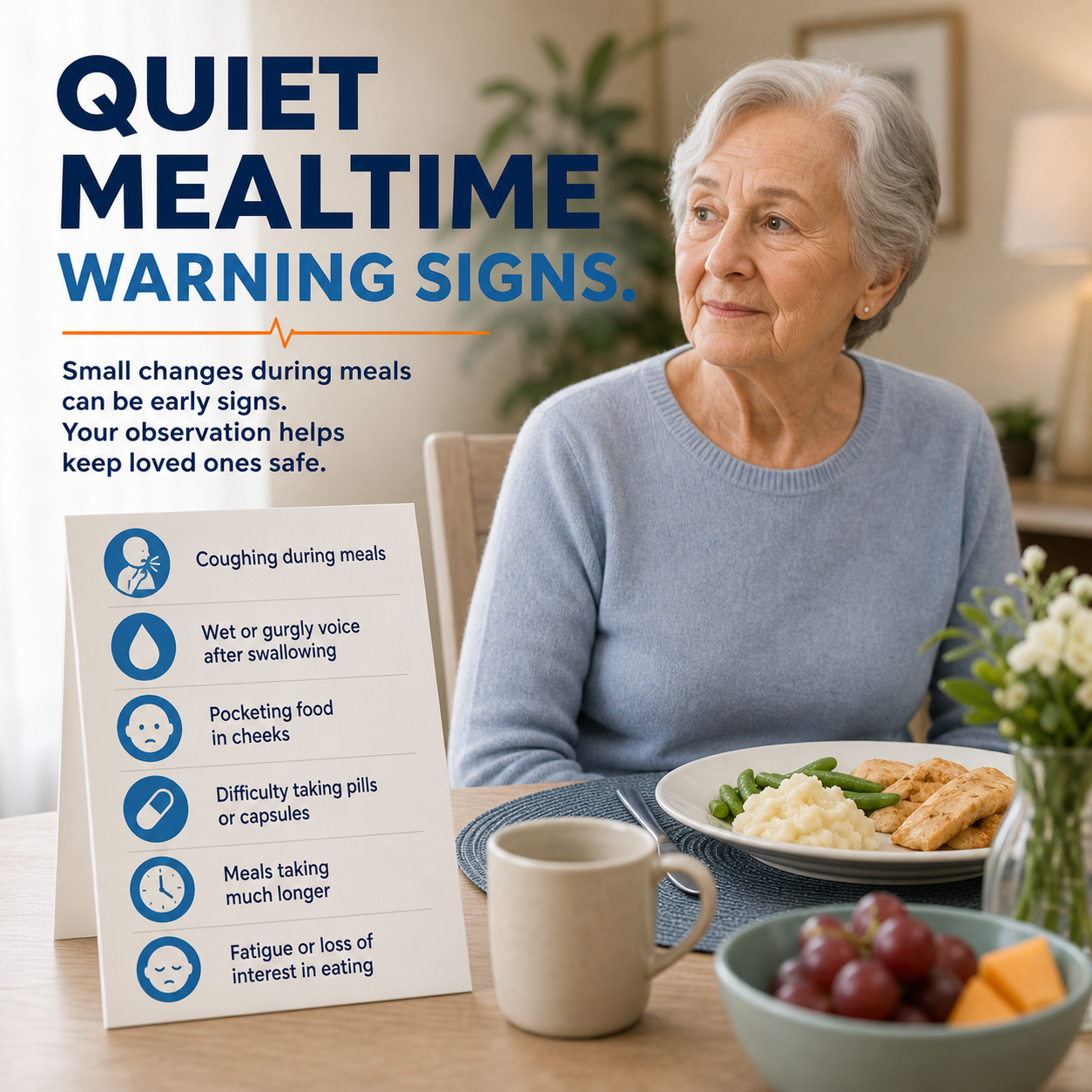 cinematic 3D caregiver observation scene showing wet voice coughing food pocketing pill difficulty and longer meals as quiet senior mealtime warning signs