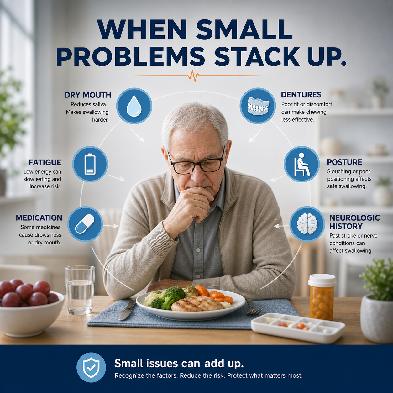 cinematic 3D medical education visual showing dry mouth dentures fatigue posture medication and neurologic factors stacking around a senior meal