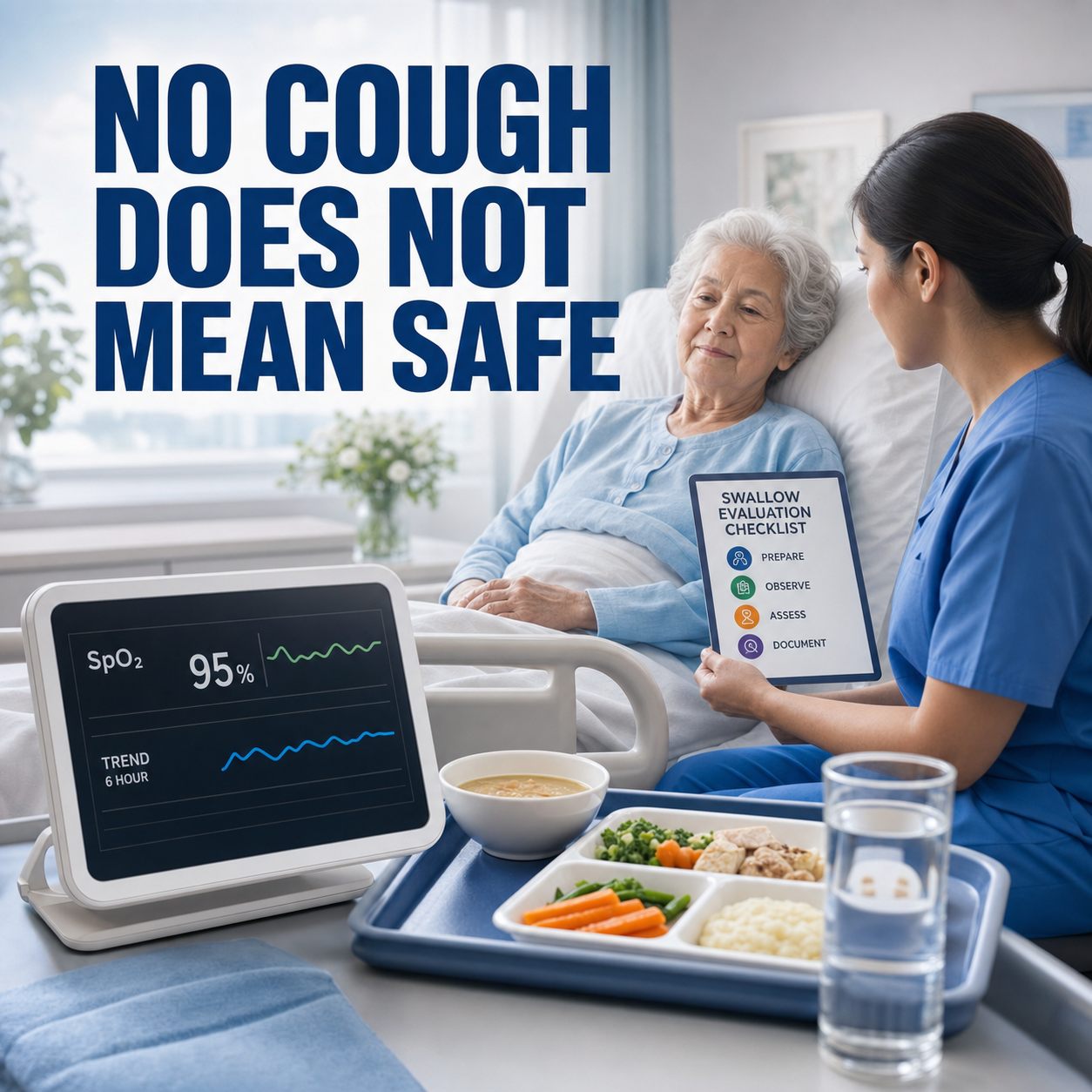 cinematic 3D clinical dashboard showing silent aspiration signal pattern with oxygen desaturation and wet voice indicators