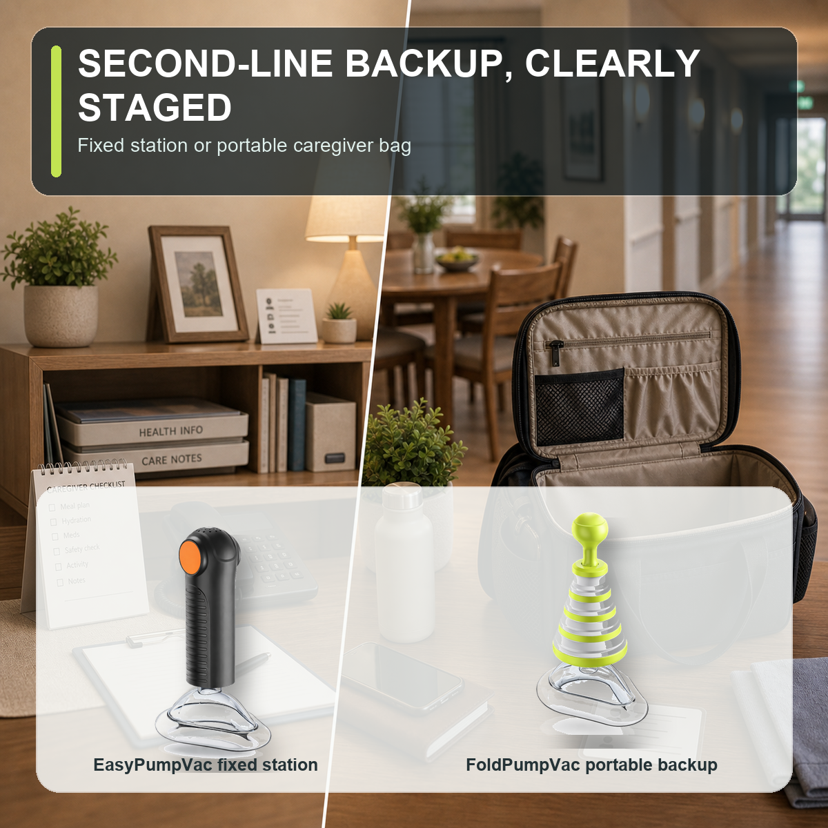 cinematic 3D second-line backup staging for swallow evaluation article using real Fitiger EasyPumpVac and FoldPumpVac reference products