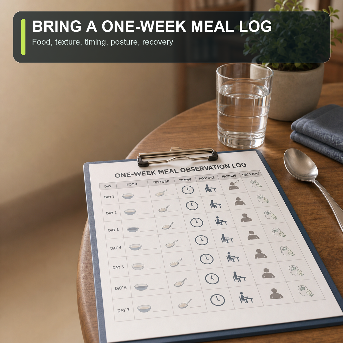 cinematic 3D one week meal log for swallow evaluation with food texture timing position fatigue and recovery fields