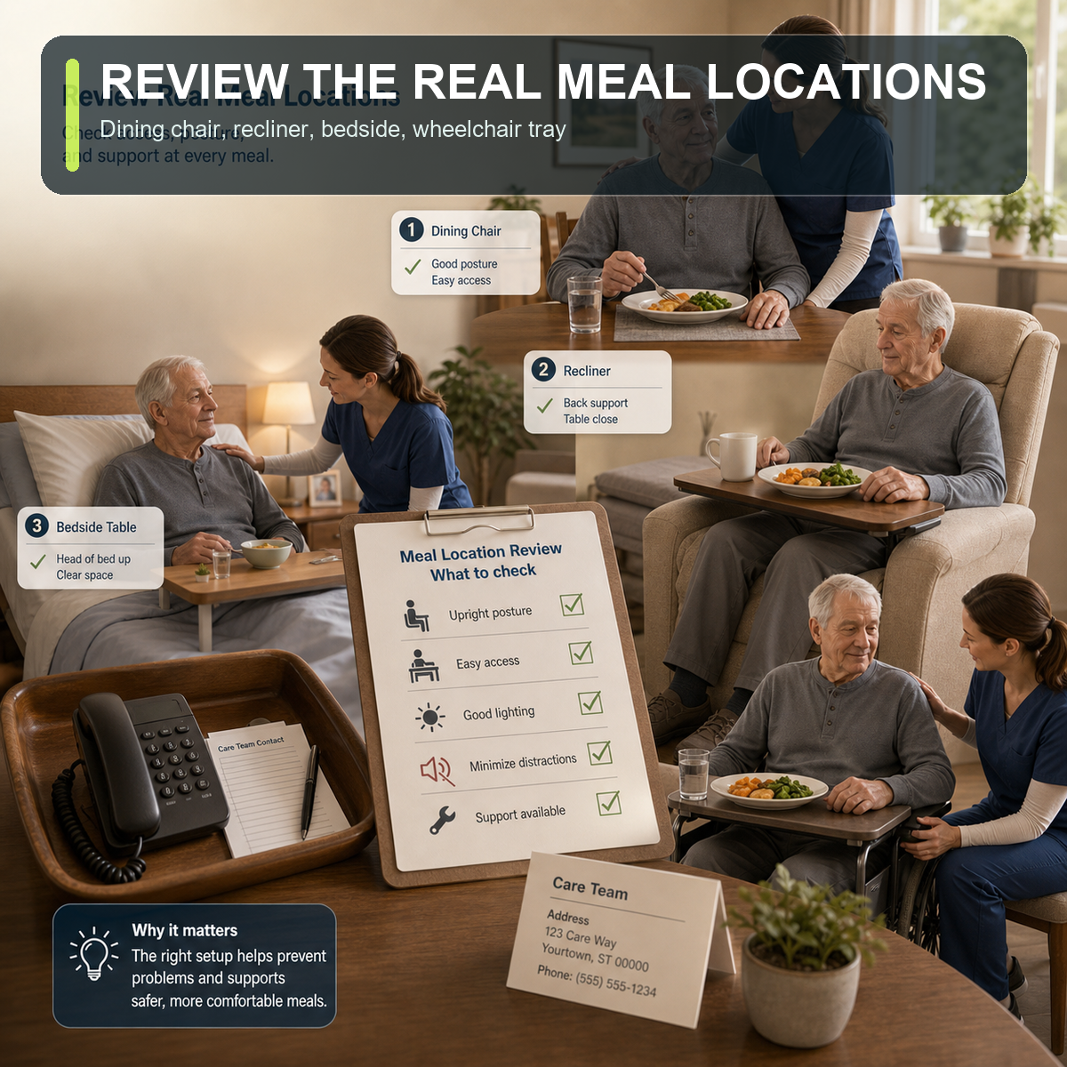 cinematic 3D real meal locations review showing dining chair recliner bedside area and wheelchair tray