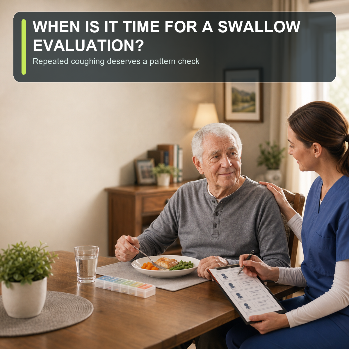 cinematic 3D swallow evaluation cover showing older adult at meal with caregiver observation log glass of water and pill organizer