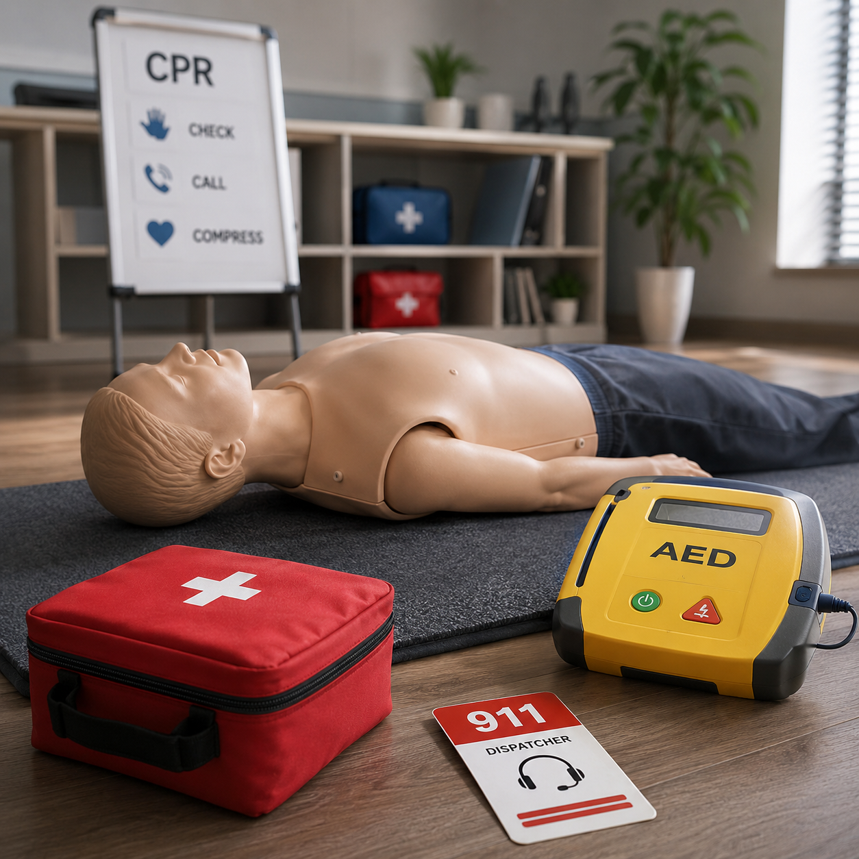 cinematic 3D unresponsive choking CPR transition training scene with emergency readiness materials