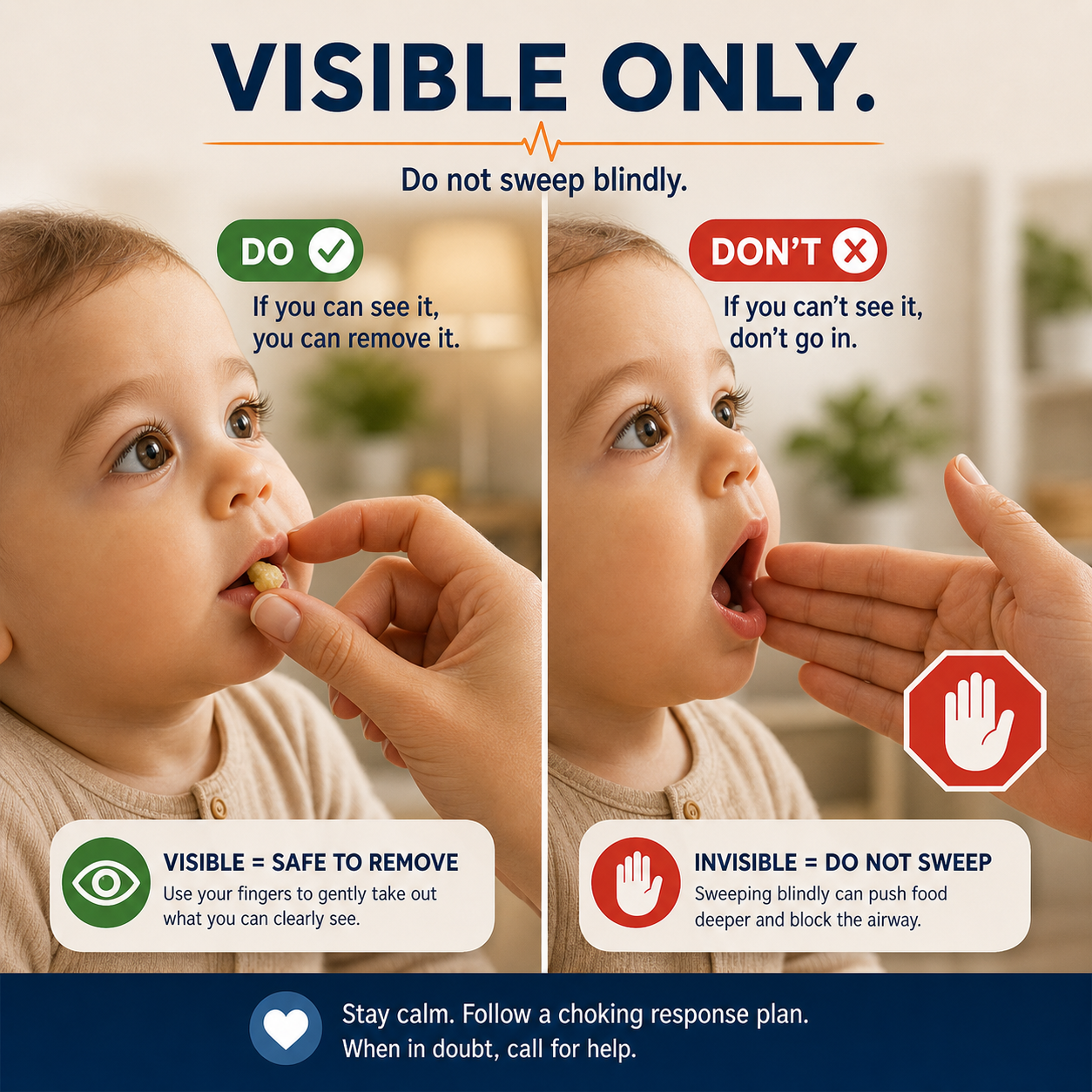 cinematic 3D split educational image comparing careful removal of a visible mouth object with stopping before a blind finger sweep