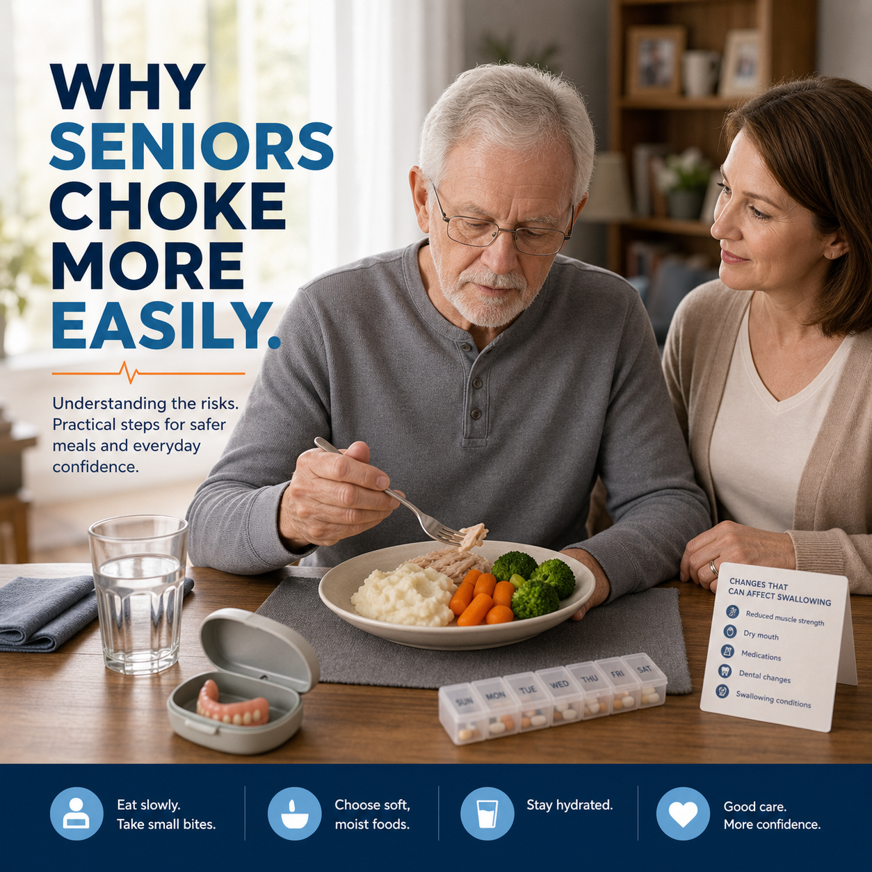 cinematic 3D cover showing an older adult upright at a calm dining table with posture food texture water dentures case and caregiver observation cues