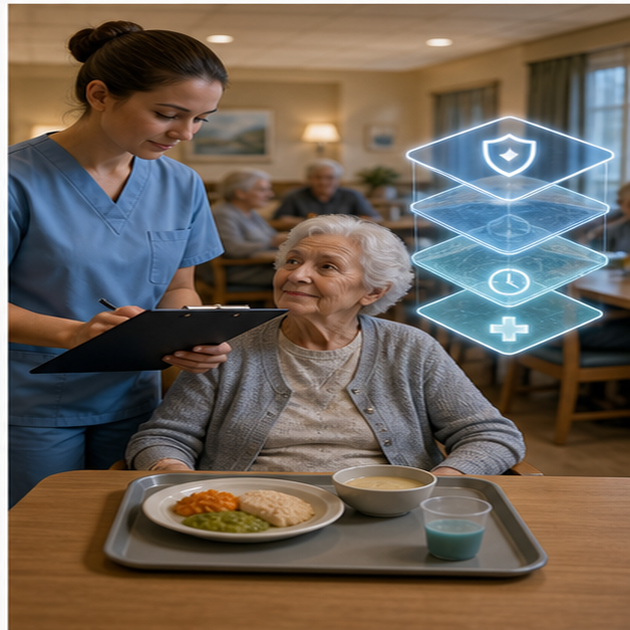 cinematic 3D elder-care bedside verification workflow showing caregiver tray check and layered safety system