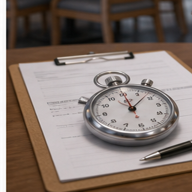 cinematic 3D before-lunch audit scene with stopwatch clipboard and dining-room readiness timing