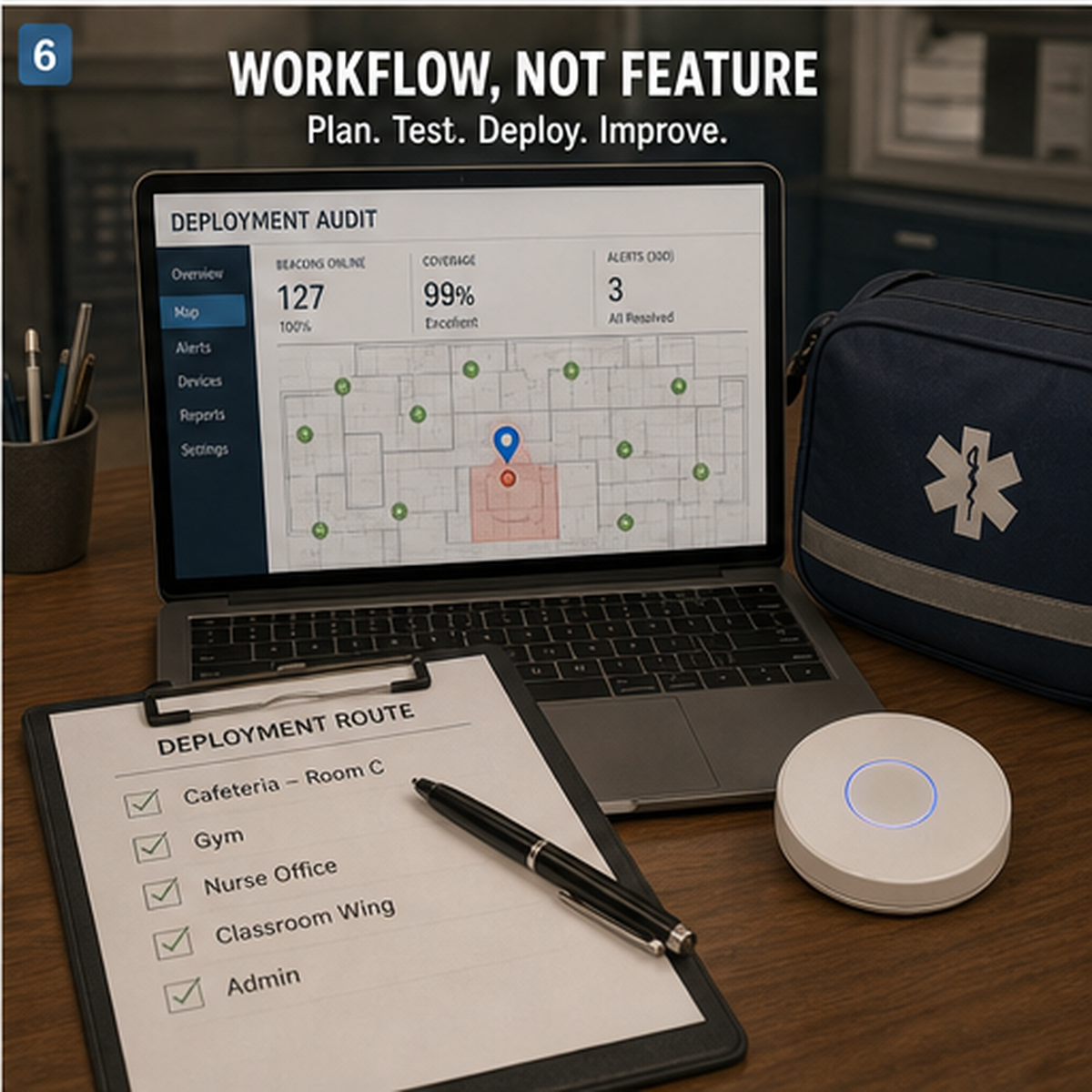 cinematic 3D deployment audit dashboard showing BLE beacon map route checklist and workflow not feature planning
