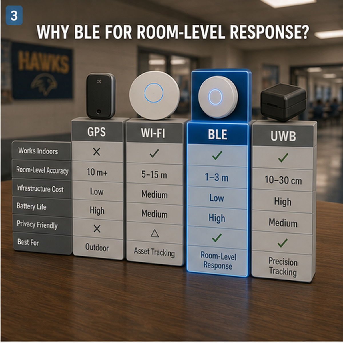 cinematic 3D indoor positioning comparison showing GPS Wi-Fi BLE and UWB with BLE highlighted