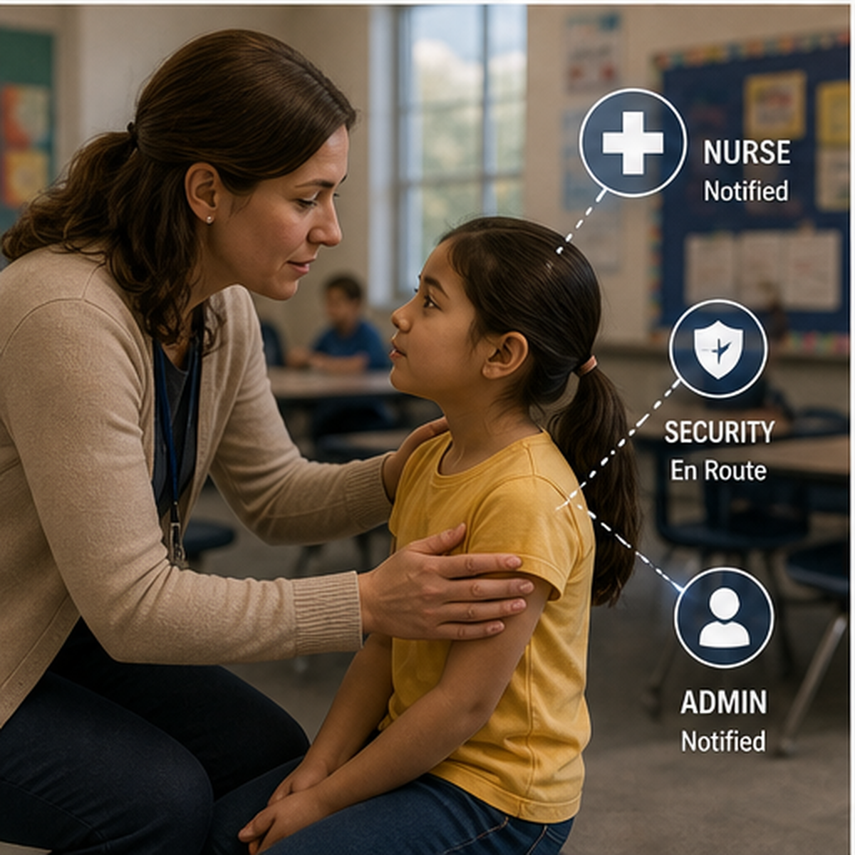 cinematic 3D classroom medical response scene showing nurse security and administrator notifications around a student