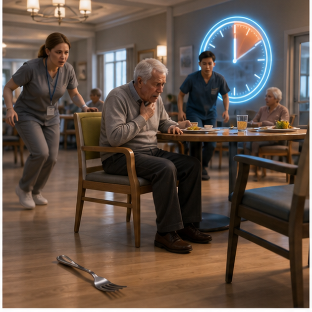 cinematic 3D nursing-home dining room showing the first seconds of choking recognition with a timer visual