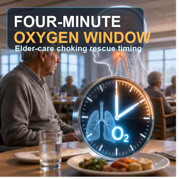 cinematic 3D elder-care dining room cover showing four-minute oxygen window timing for choking rescue